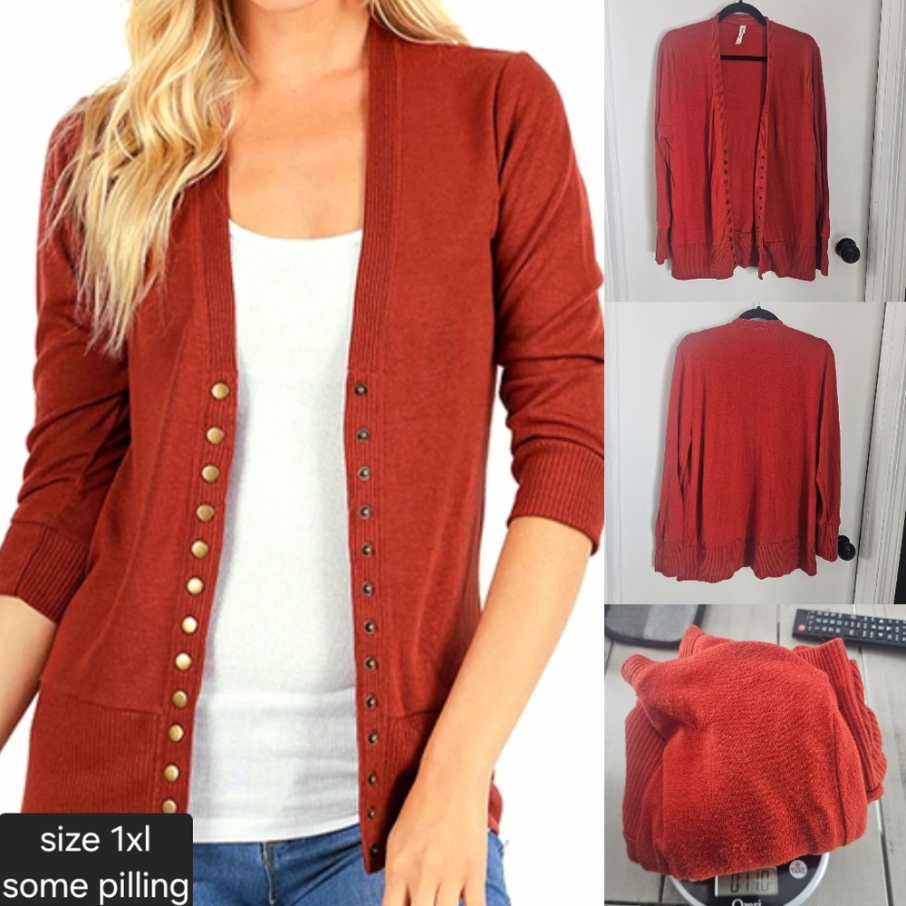 Boutique Dark Orange Brass Button Cardigan